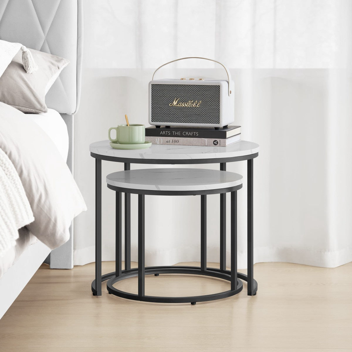Round Coffee Table Set of 2 – Marble Top, Black Metal Legs