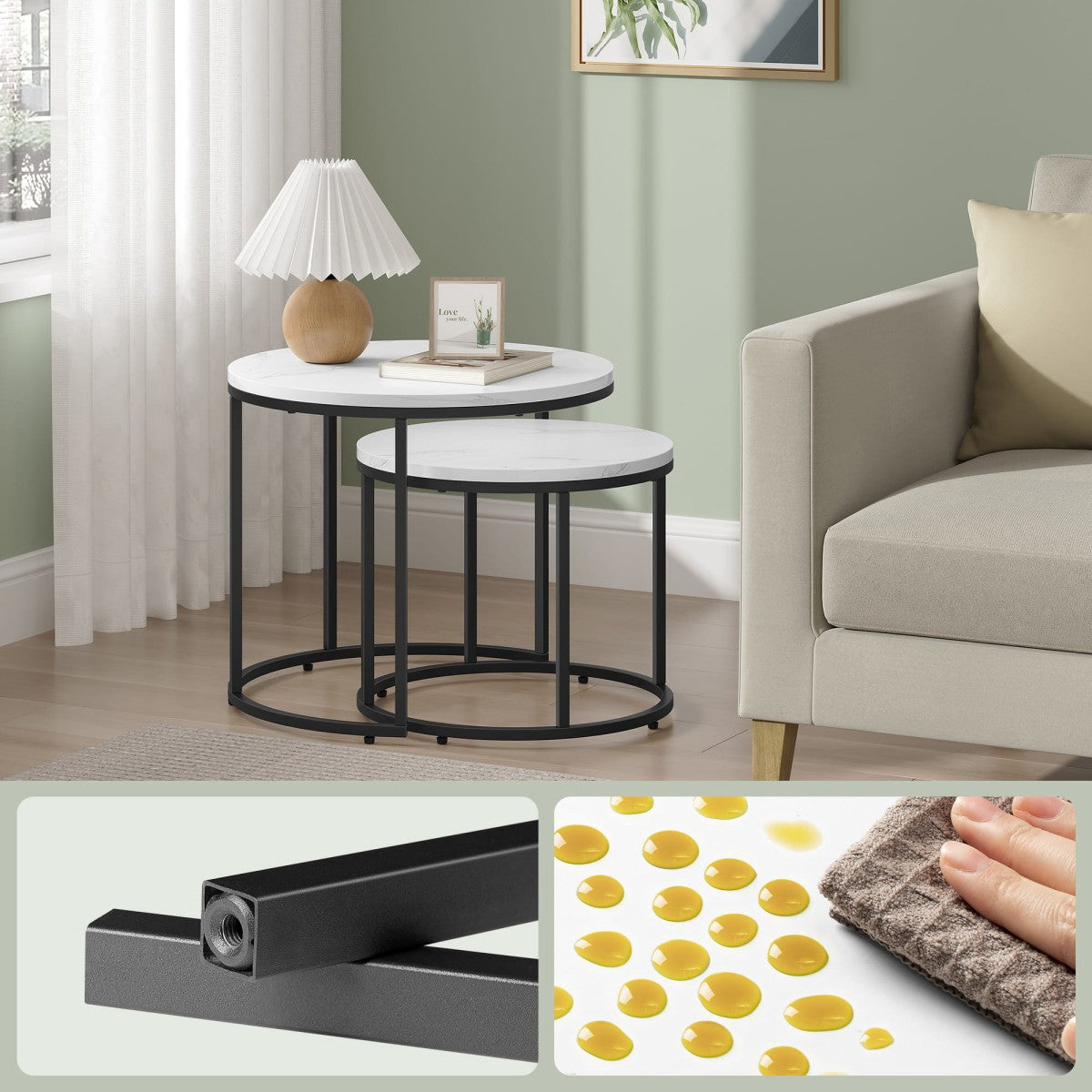 Round Coffee Table Set of 2 – Marble Top, Black Metal Legs