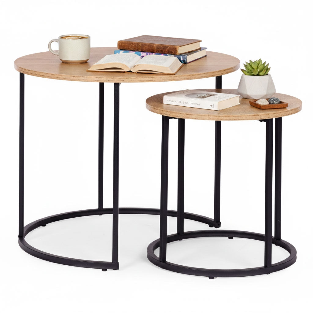 Round Coffee Tables Set of 2, Light Oak, Metal Frame