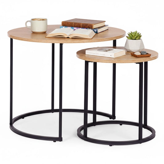 Round Coffee Tables Set of 2, Light Oak, Metal Frame