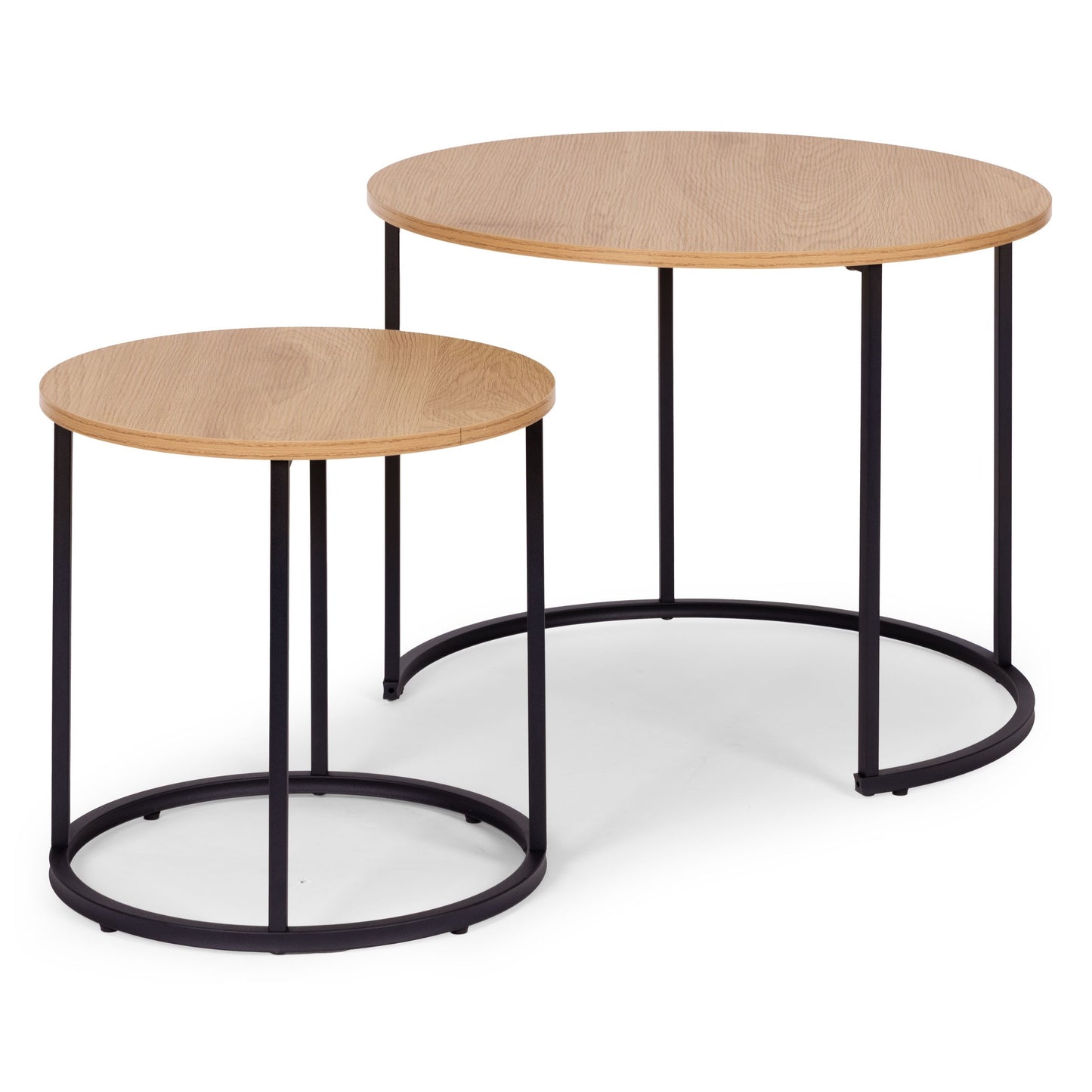 Round Coffee Tables Set of 2, Light Oak, Metal Frame