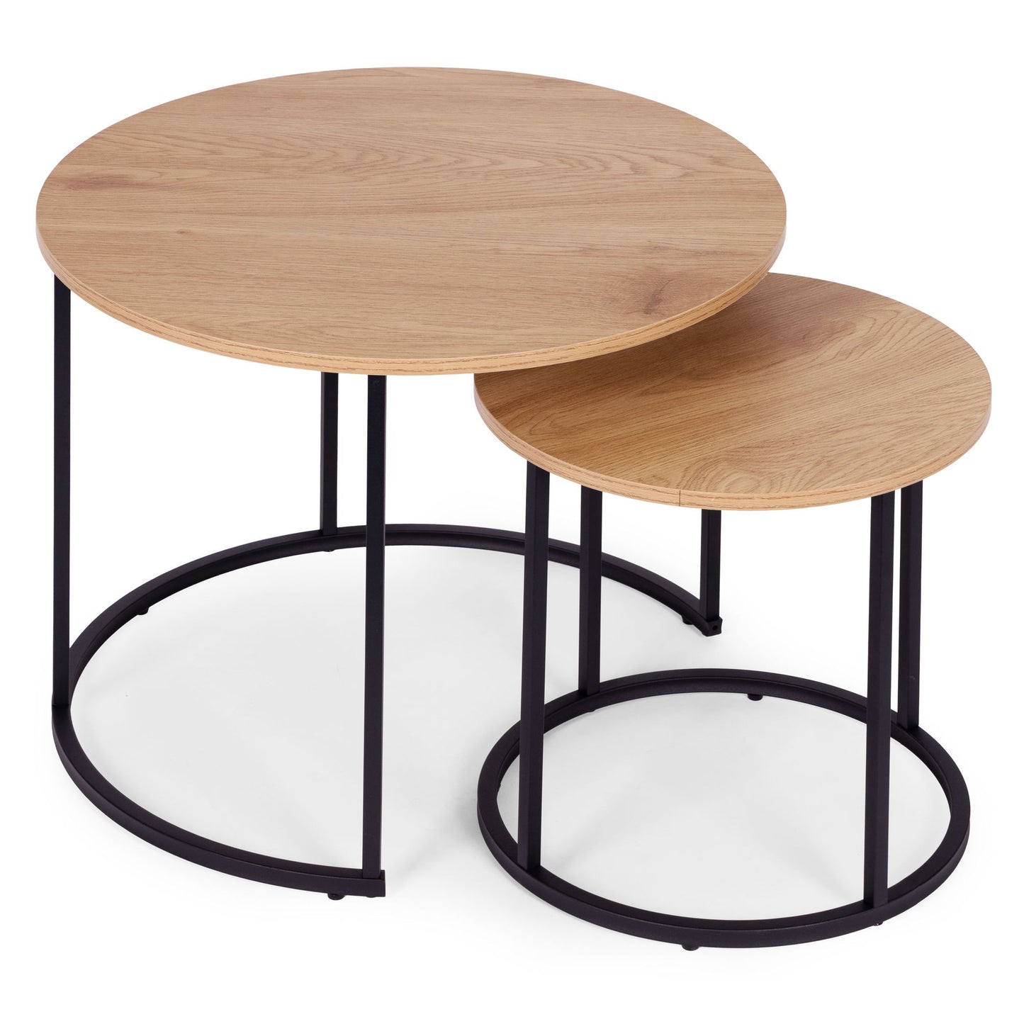 Round Coffee Tables Set of 2, Light Oak, Metal Frame