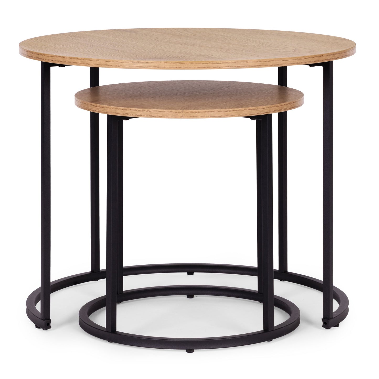 Round Coffee Tables Set of 2, Light Oak, Metal Frame