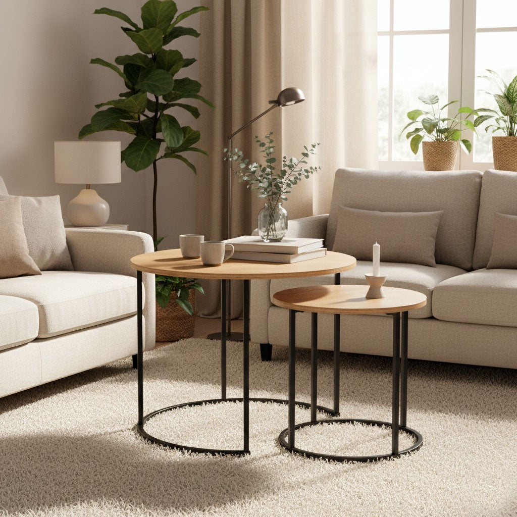 Round Coffee Tables Set of 2, Light Oak, Metal Frame