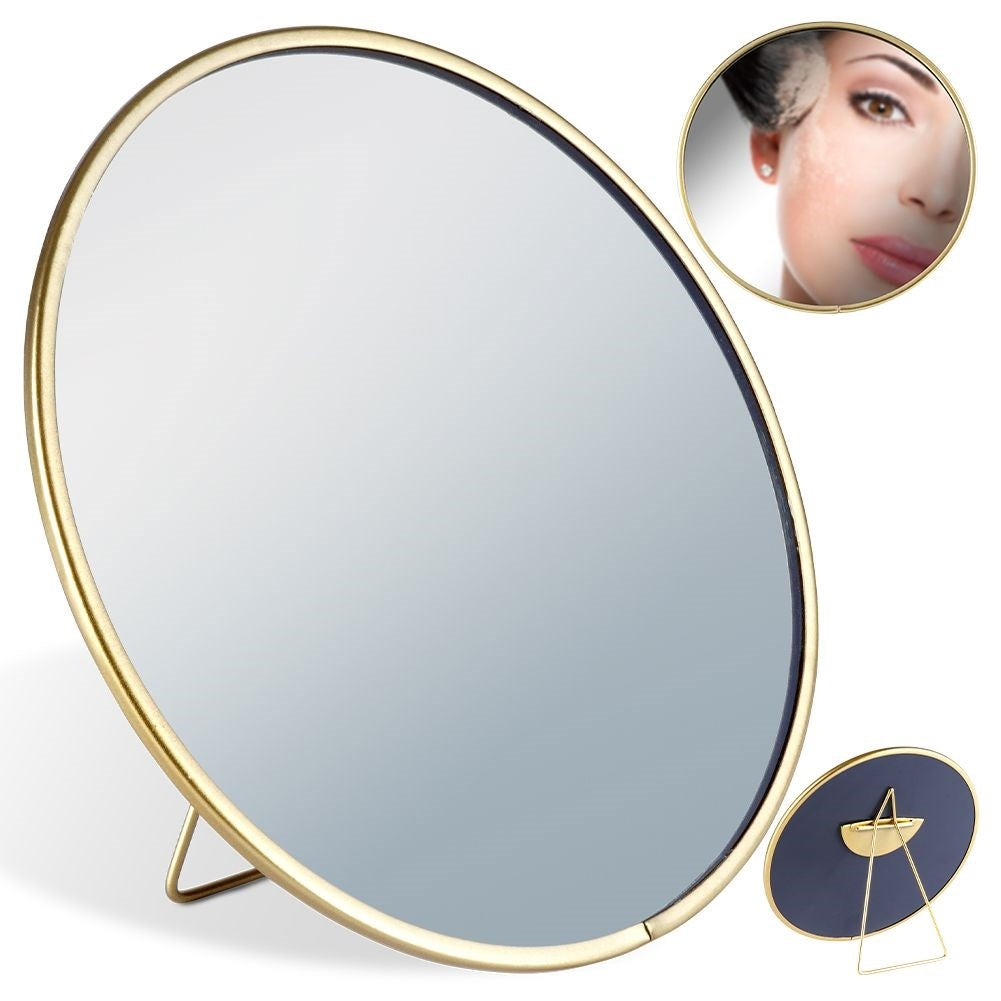 Round Cosmetic Mirror on Stand with Golden Frame