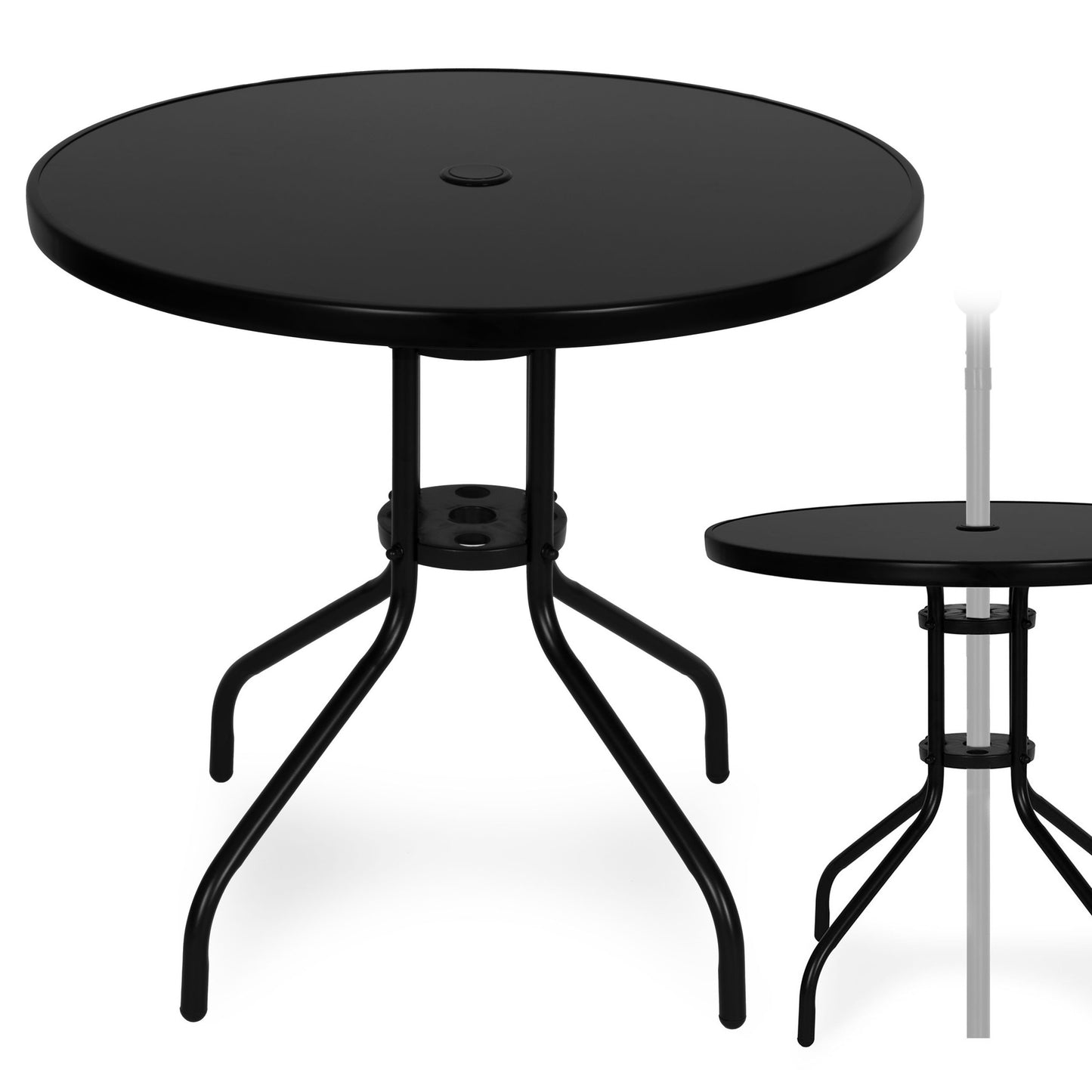 Round Garden Table, 80 cm Tempered Glass, Parasol Hole