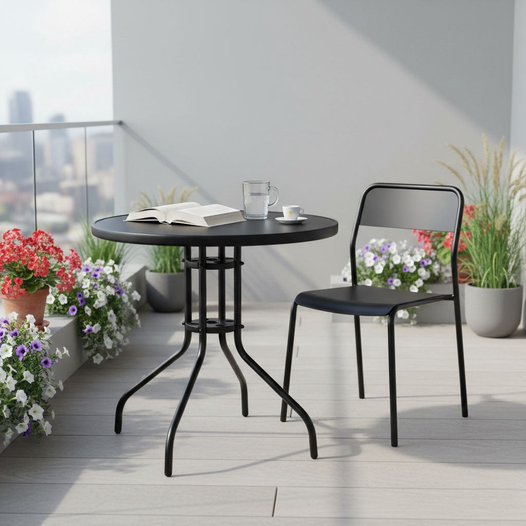 Round Garden Table, 80 cm Tempered Glass, Parasol Hole