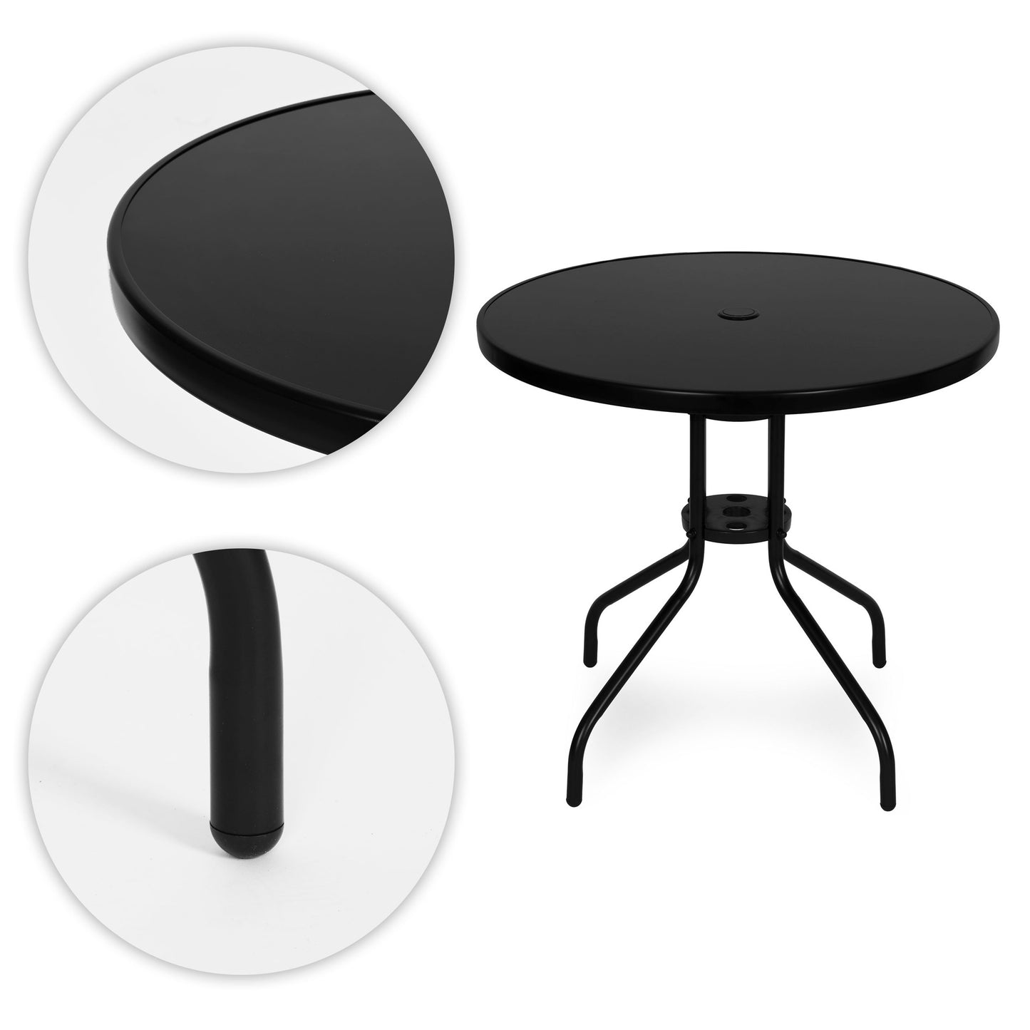 Round Garden Table, 80 cm Tempered Glass, Parasol Hole