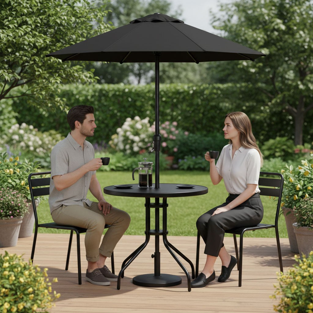 Round Garden Table, 80 cm Tempered Glass, Parasol Hole