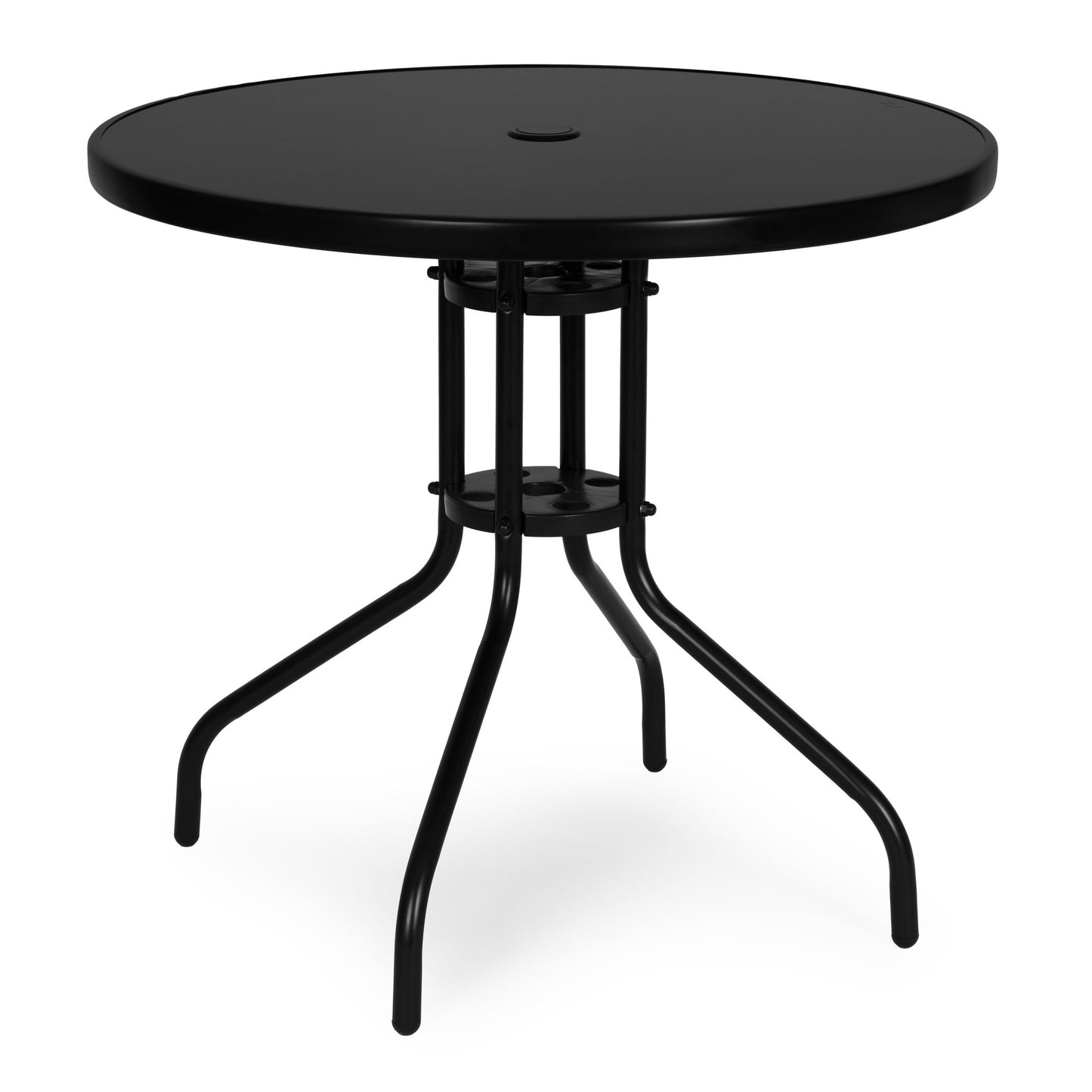 Round Garden Table, 80 cm Tempered Glass, Parasol Hole