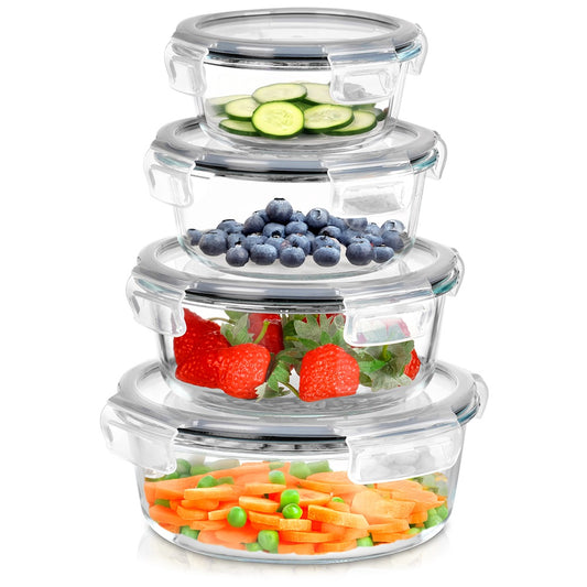 Round Glass Food Containers with Lids, Set of 4