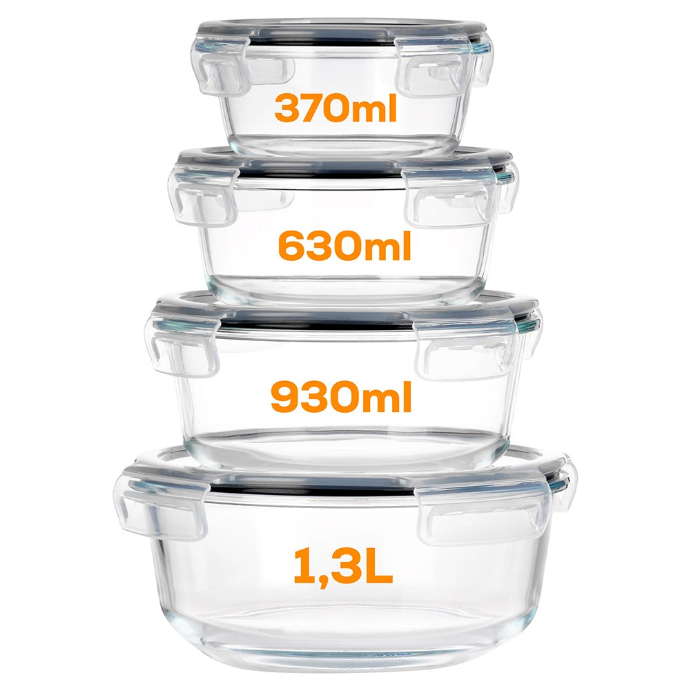 Round Glass Food Containers with Lids, Set of 4
