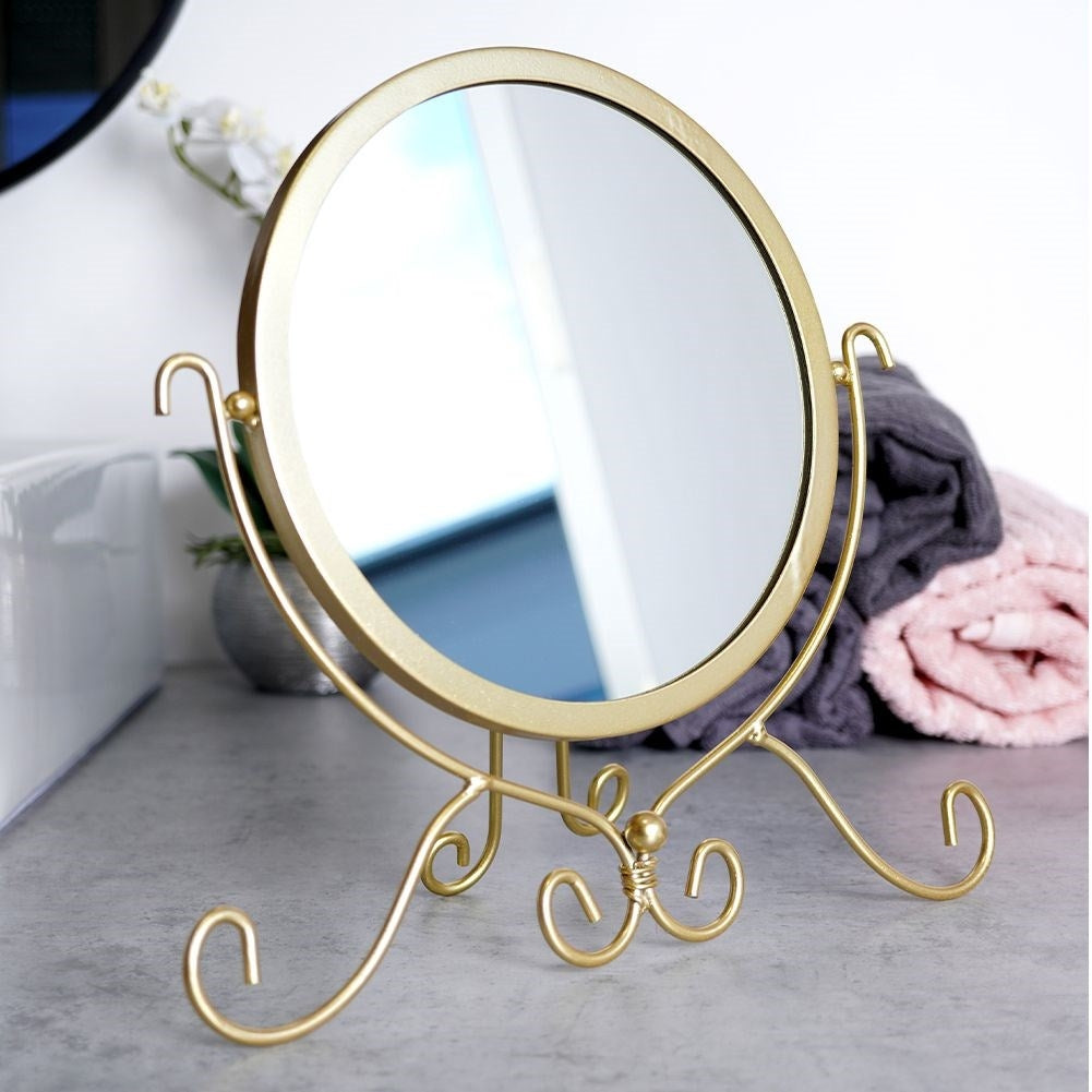 Round Make-up Mirror on Stand in Stylish Gold Shade