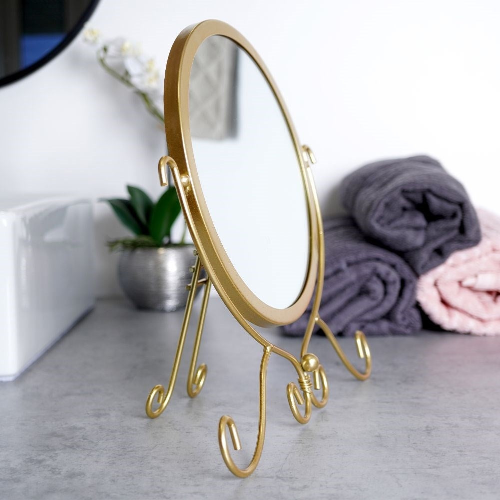 Round Make-up Mirror on Stand in Stylish Gold Shade