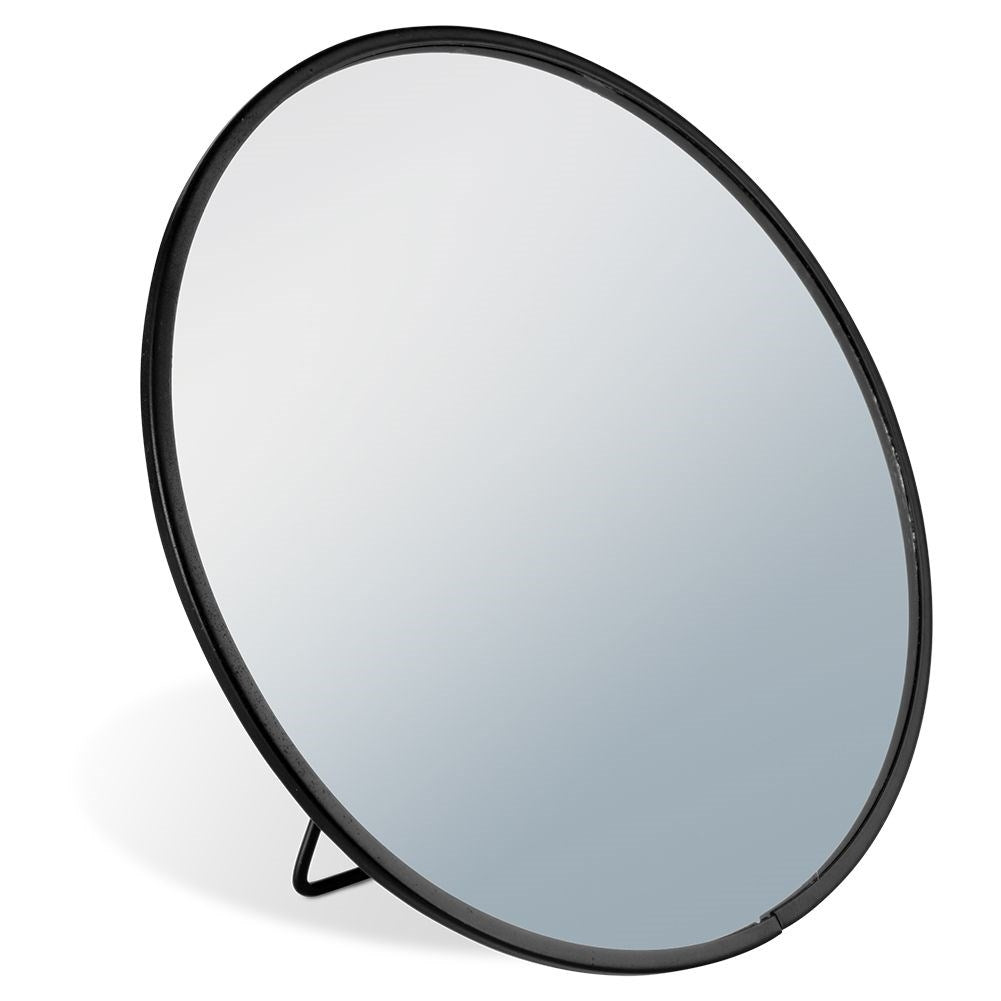 Round Vanity Mirror with Black Metal Stand and Wall Mount