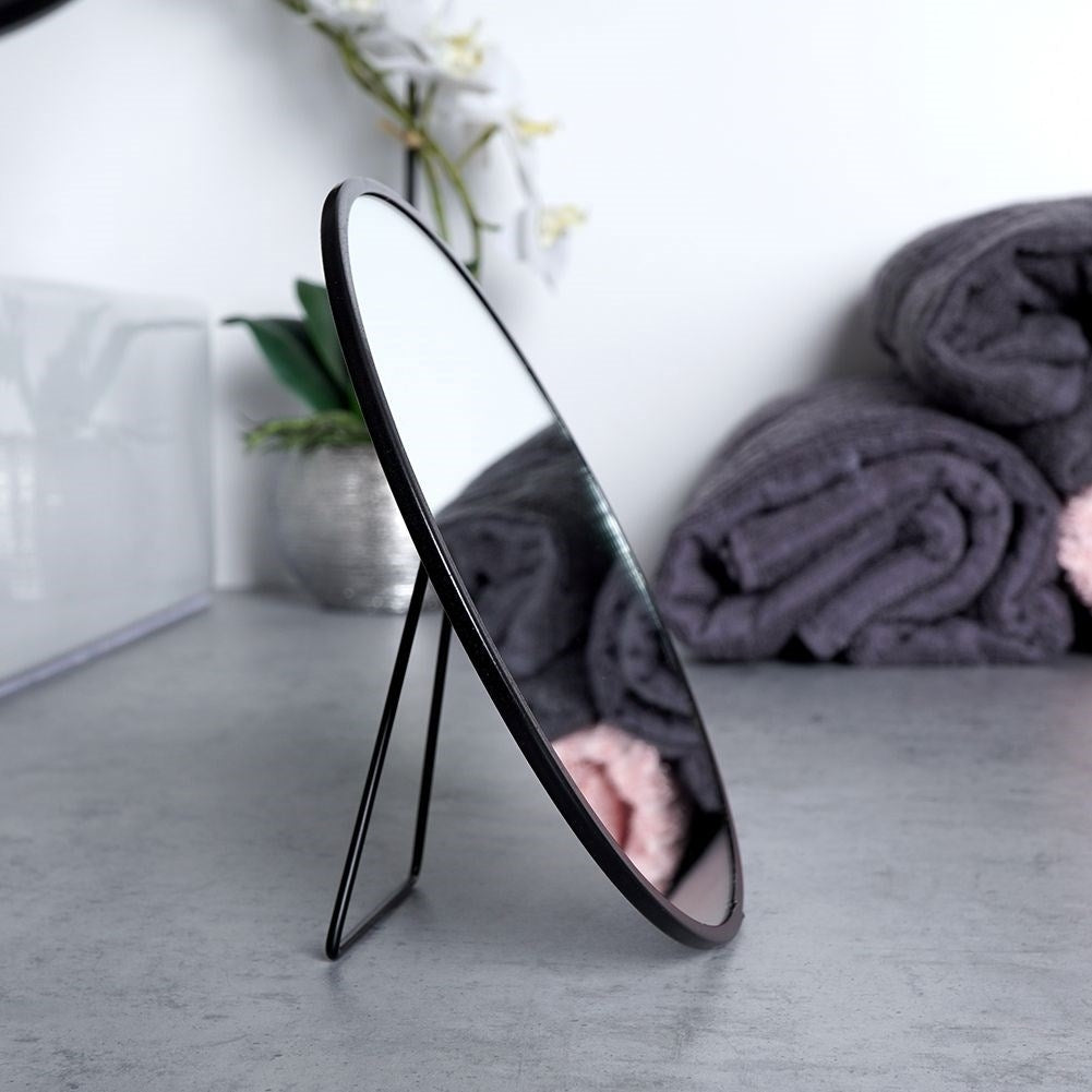 Round Vanity Mirror with Black Metal Stand and Wall Mount