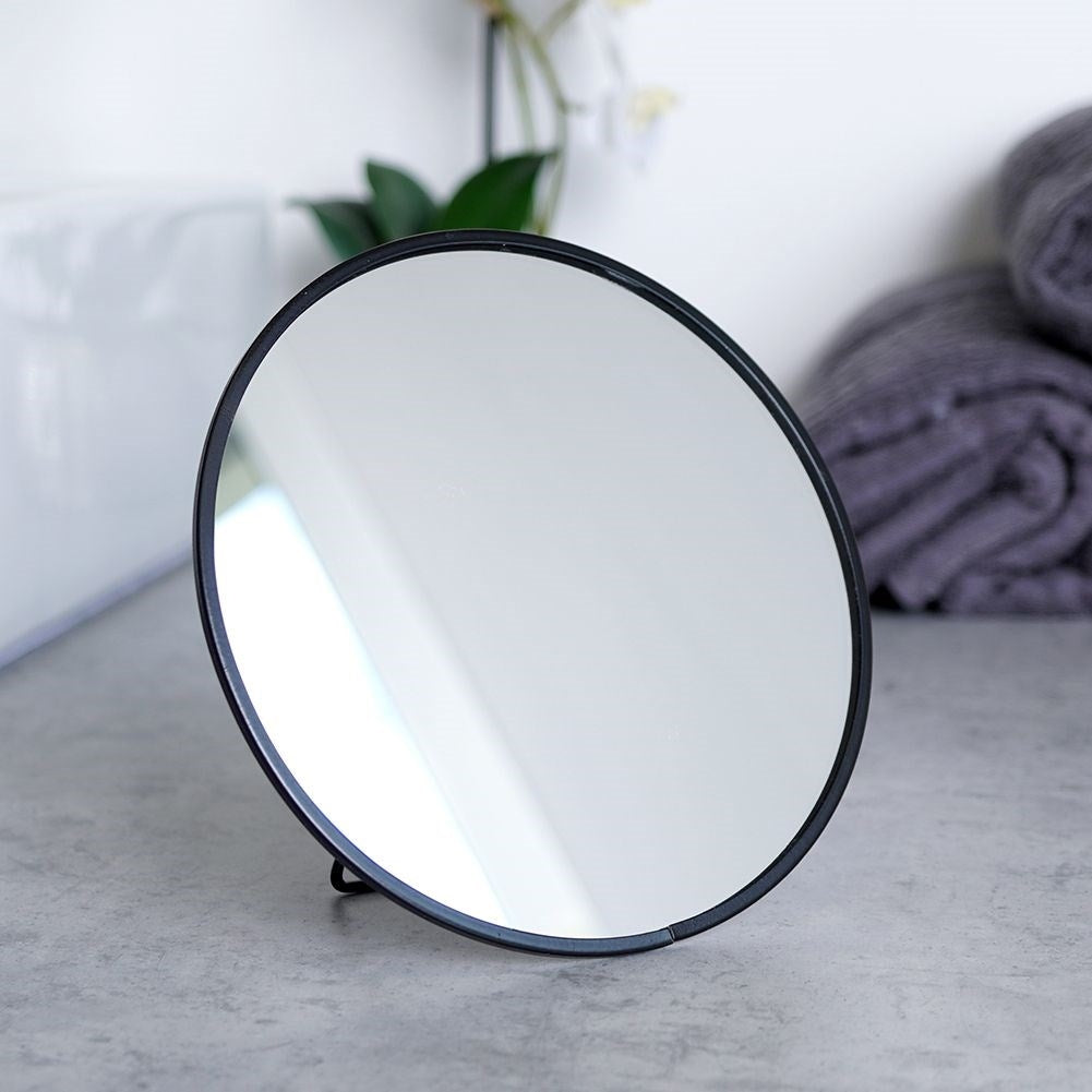 Round Vanity Mirror with Black Metal Stand and Wall Mount