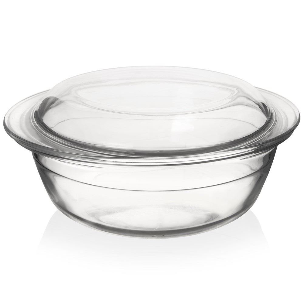 Round baking dish with lid, durable borosilicate glass, dishwasher safe