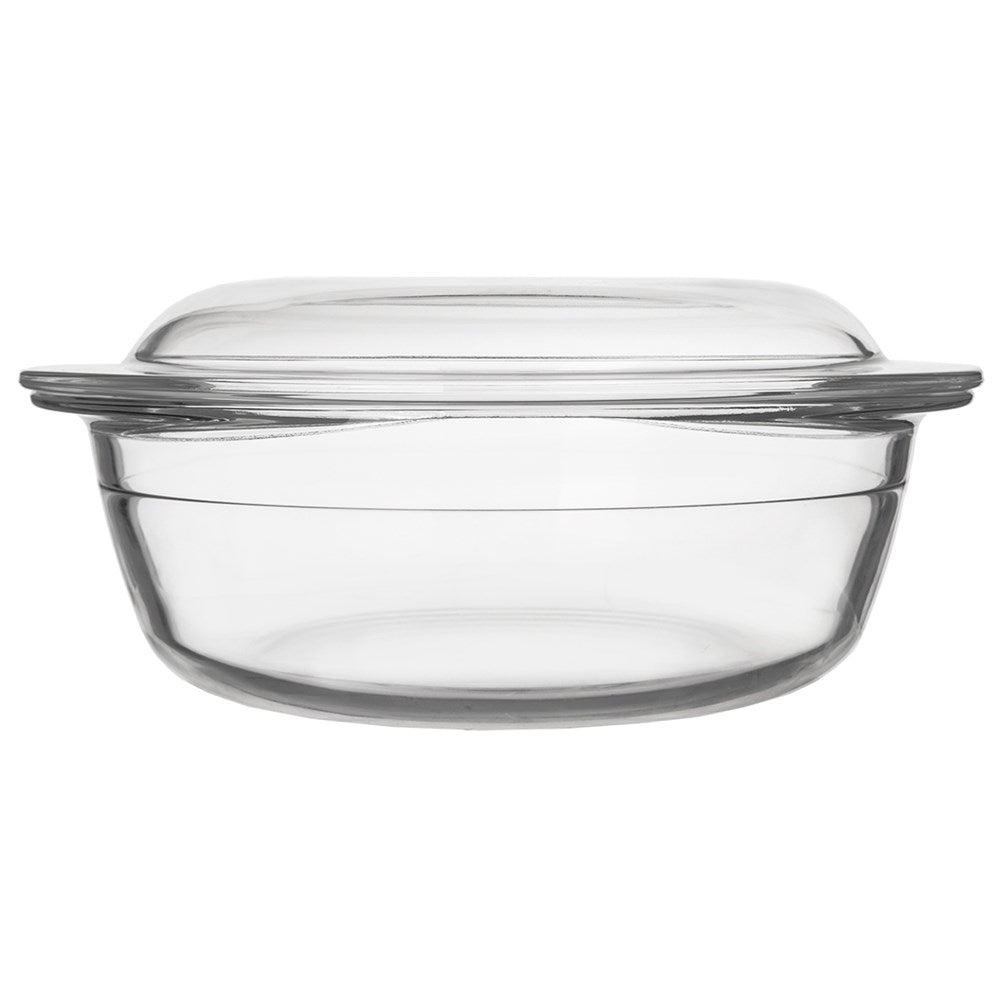 Round baking dish with lid, durable borosilicate glass, dishwasher safe