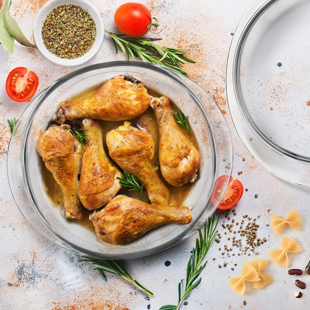 Round baking dish with lid, durable borosilicate glass, dishwasher safe