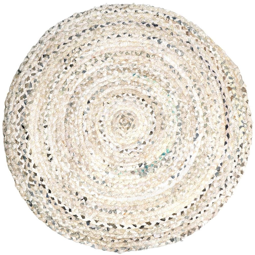Round beige cotton rug with an interesting pattern