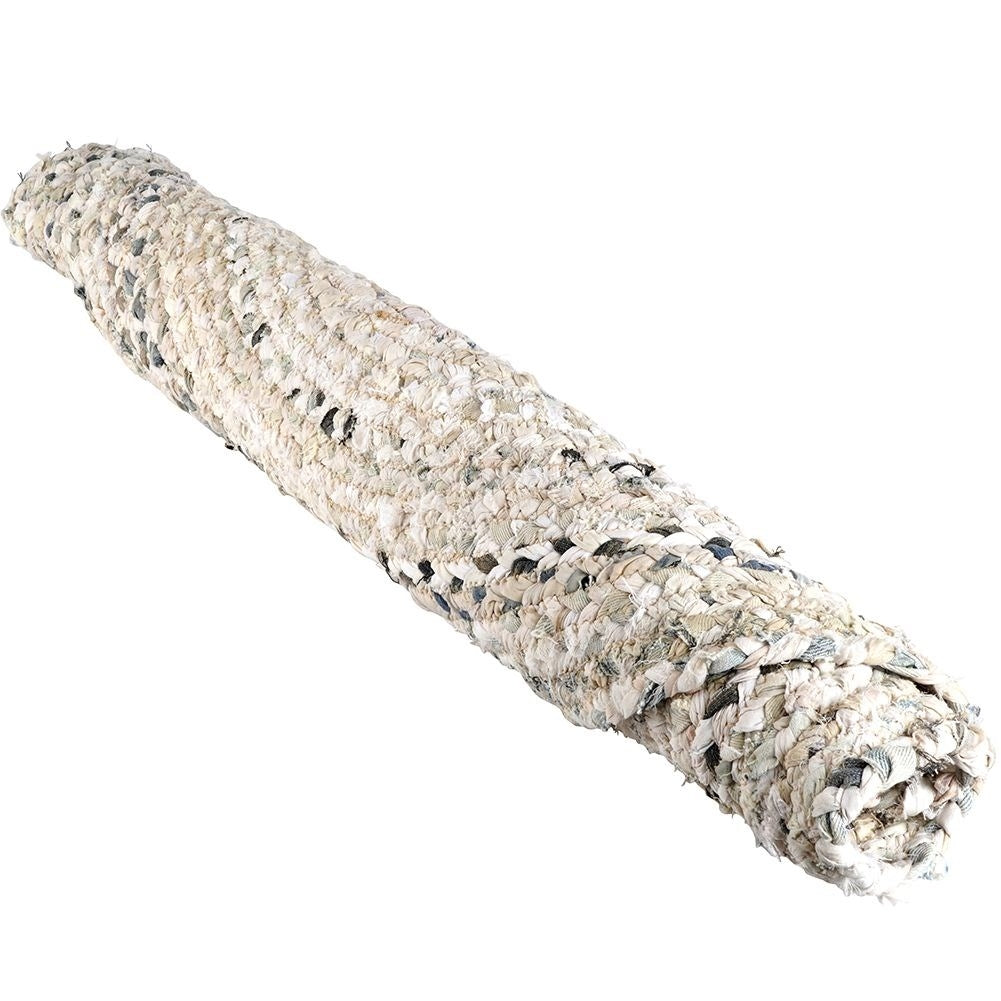 Round beige cotton rug with an interesting pattern