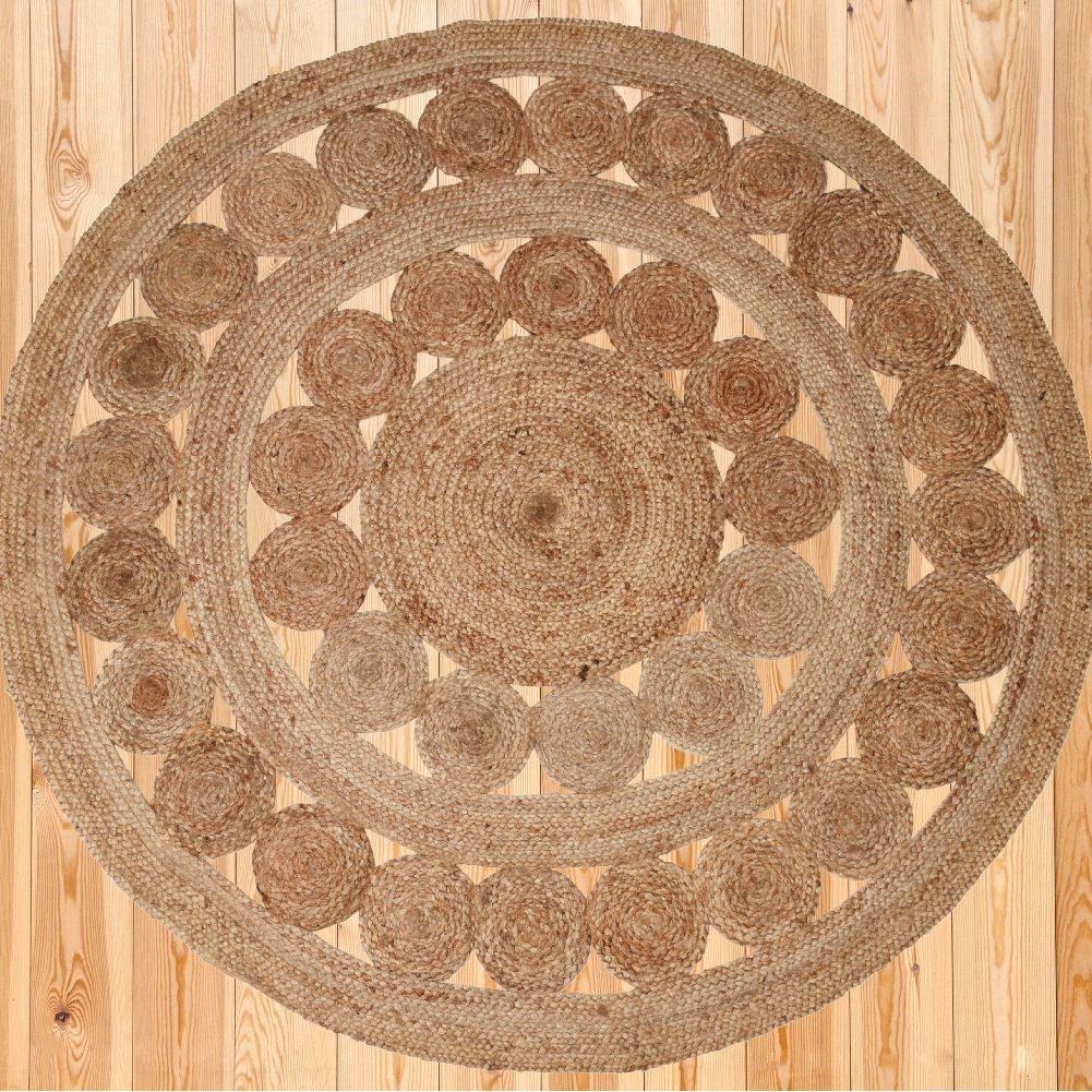Round boho rug 150 cm, handwoven jute - inside/outside