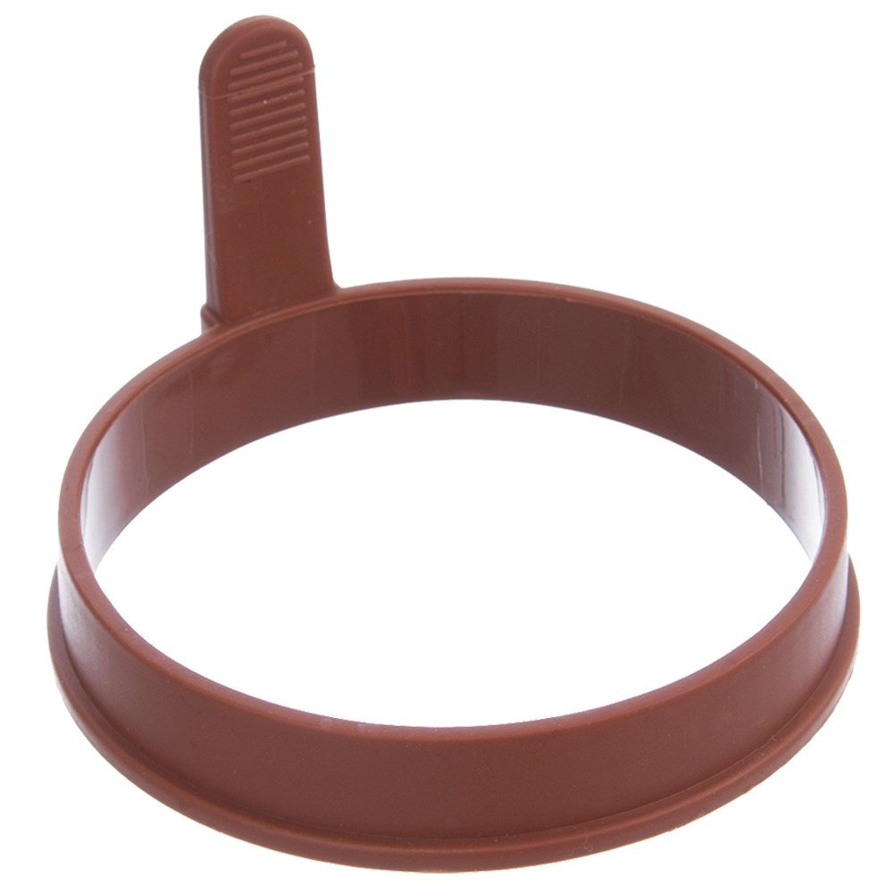 Round brown silicone mold for eggs and pancakes with handle