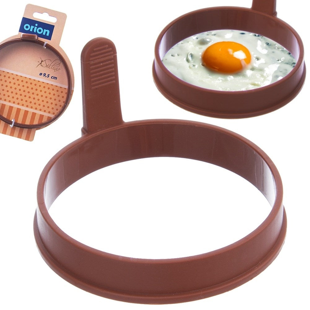 Round brown silicone mold for eggs and pancakes with handle