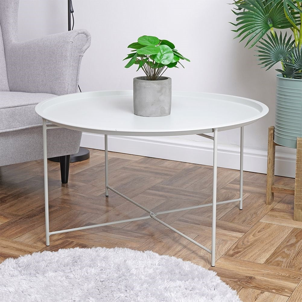 Round coffee table in light gray metal, industrial loft style, 75 cm