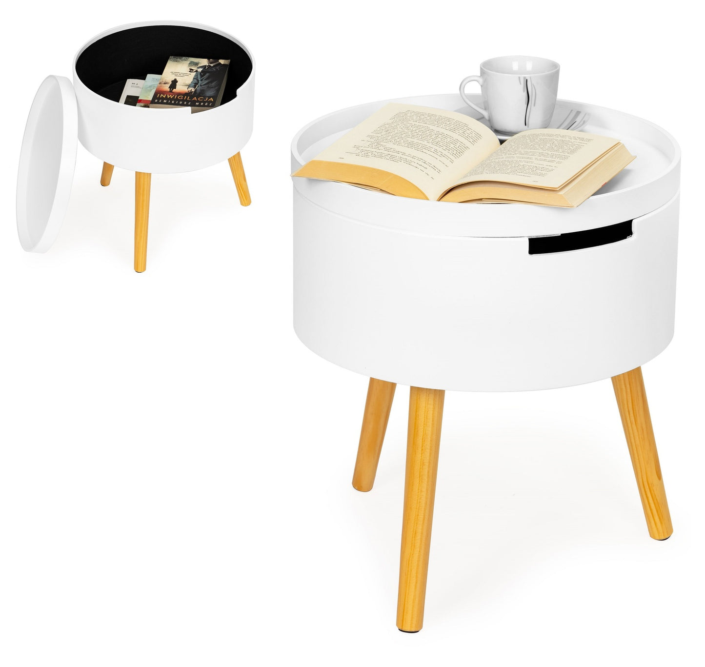 Round coffee table with storage and bedside table ModernHome