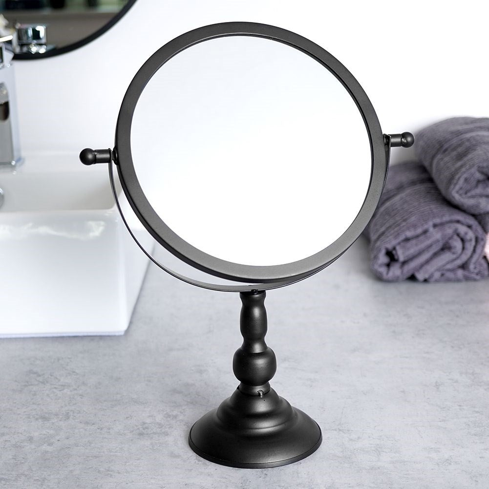 Round cosmetic mirror with 360° rotation and stable base