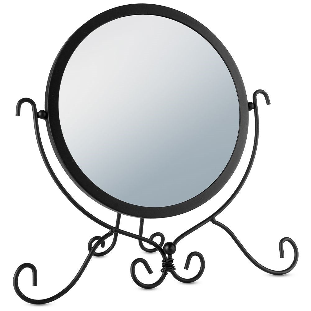 Round cosmetic mirror with stand in stylish black metal