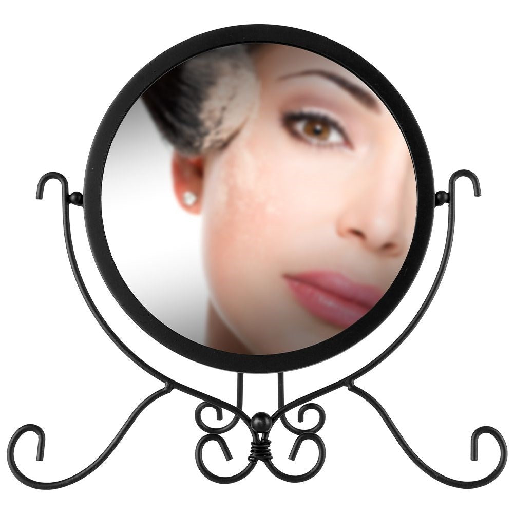Round cosmetic mirror with stand in stylish black metal