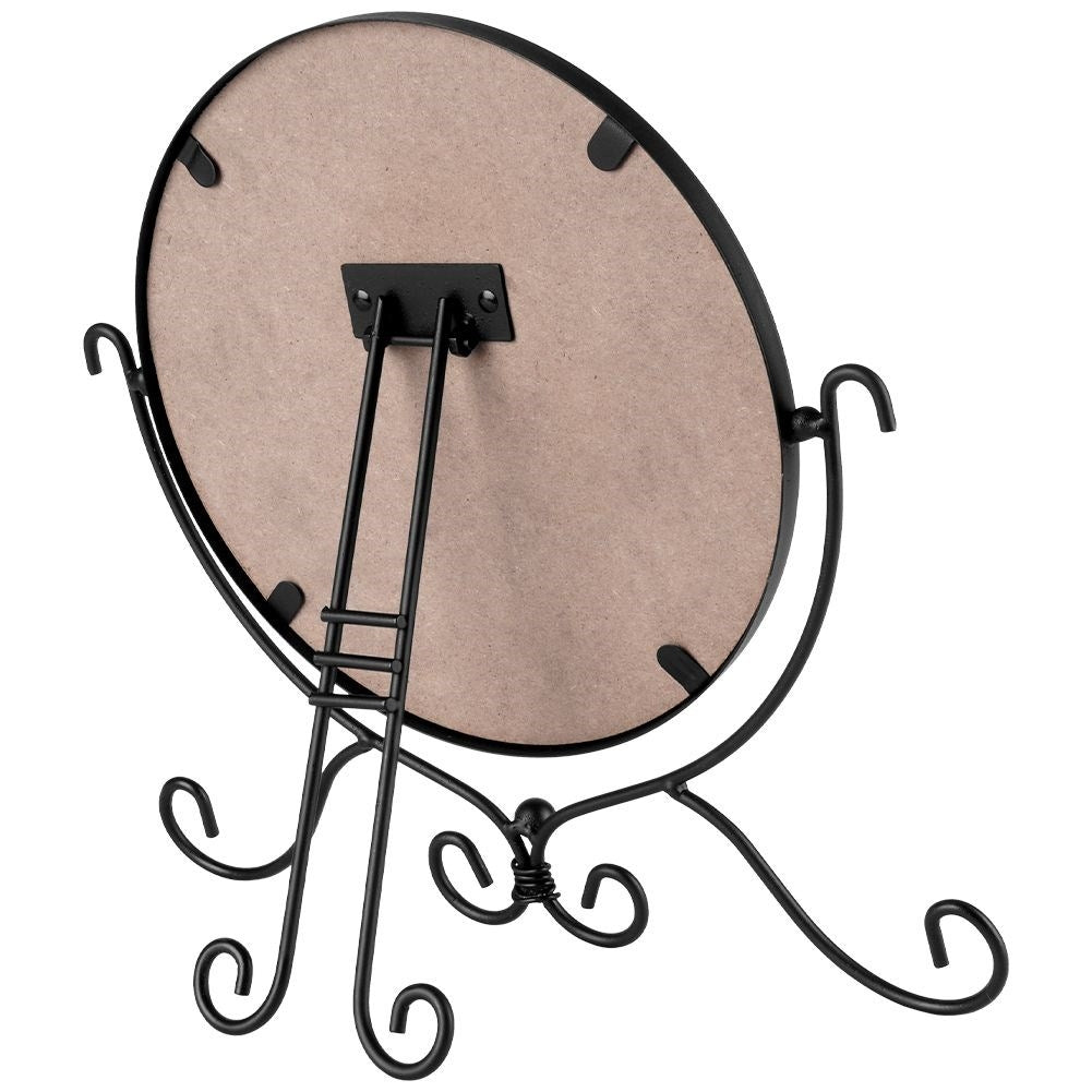 Round cosmetic mirror with stand in stylish black metal