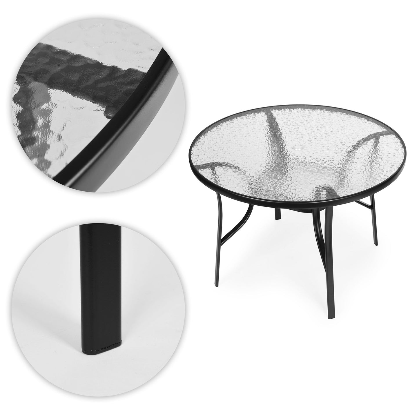 Round garden table 80 cm, for terrace, garden, balcony, tempered glass, umbrella hole, MultiGarden