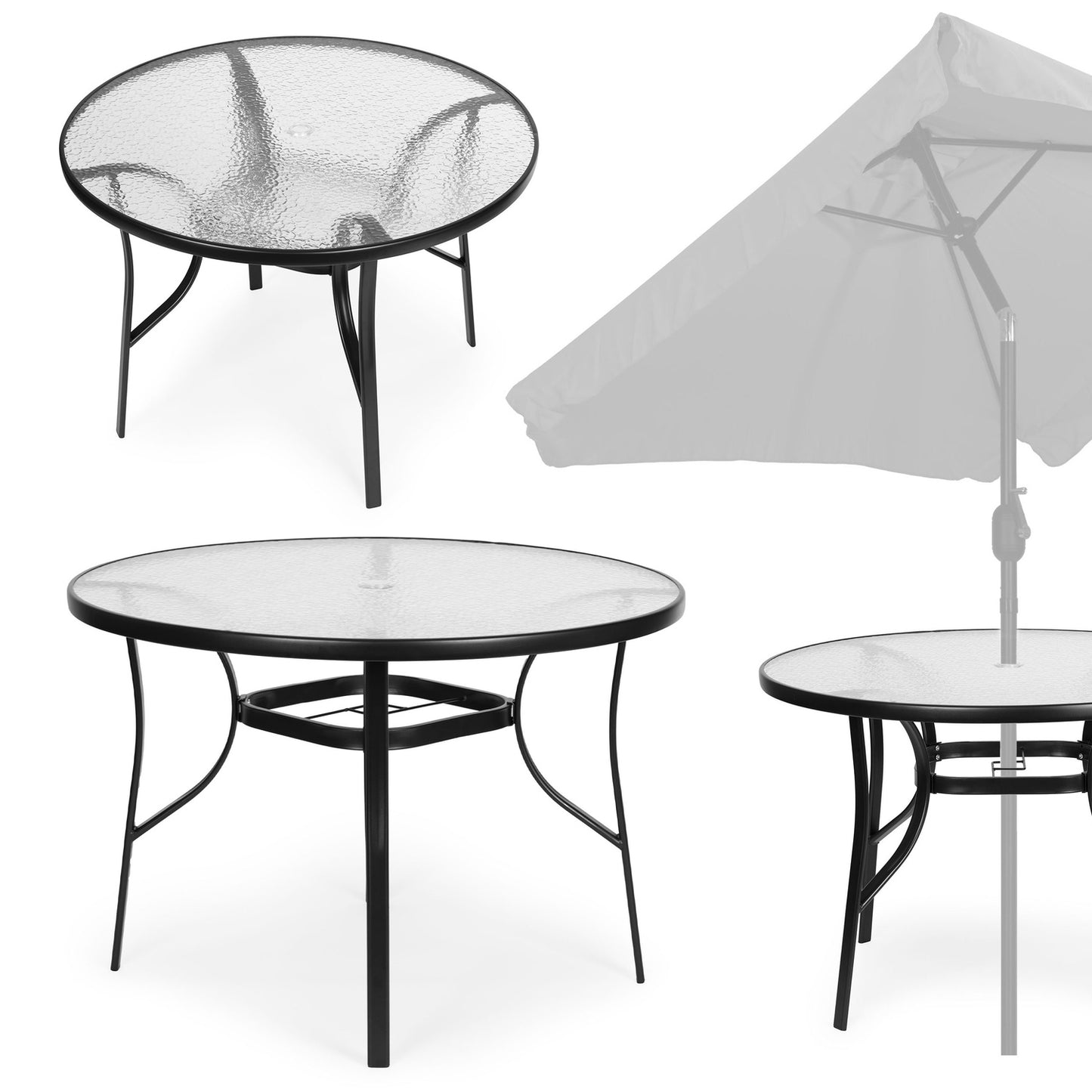 Round garden table 80 cm, for terrace, garden, balcony, tempered glass, umbrella hole, MultiGarden