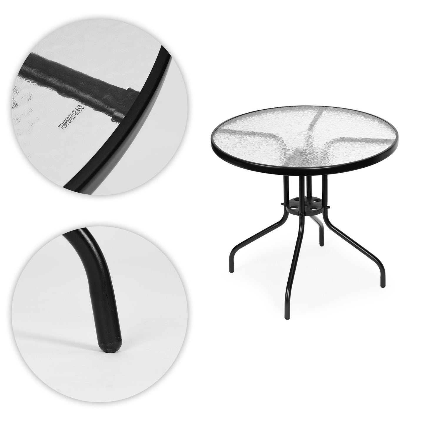 Round garden table 80 cm, for terrace, garden, balcony, tempered glass, umbrella hole, MultiGarden