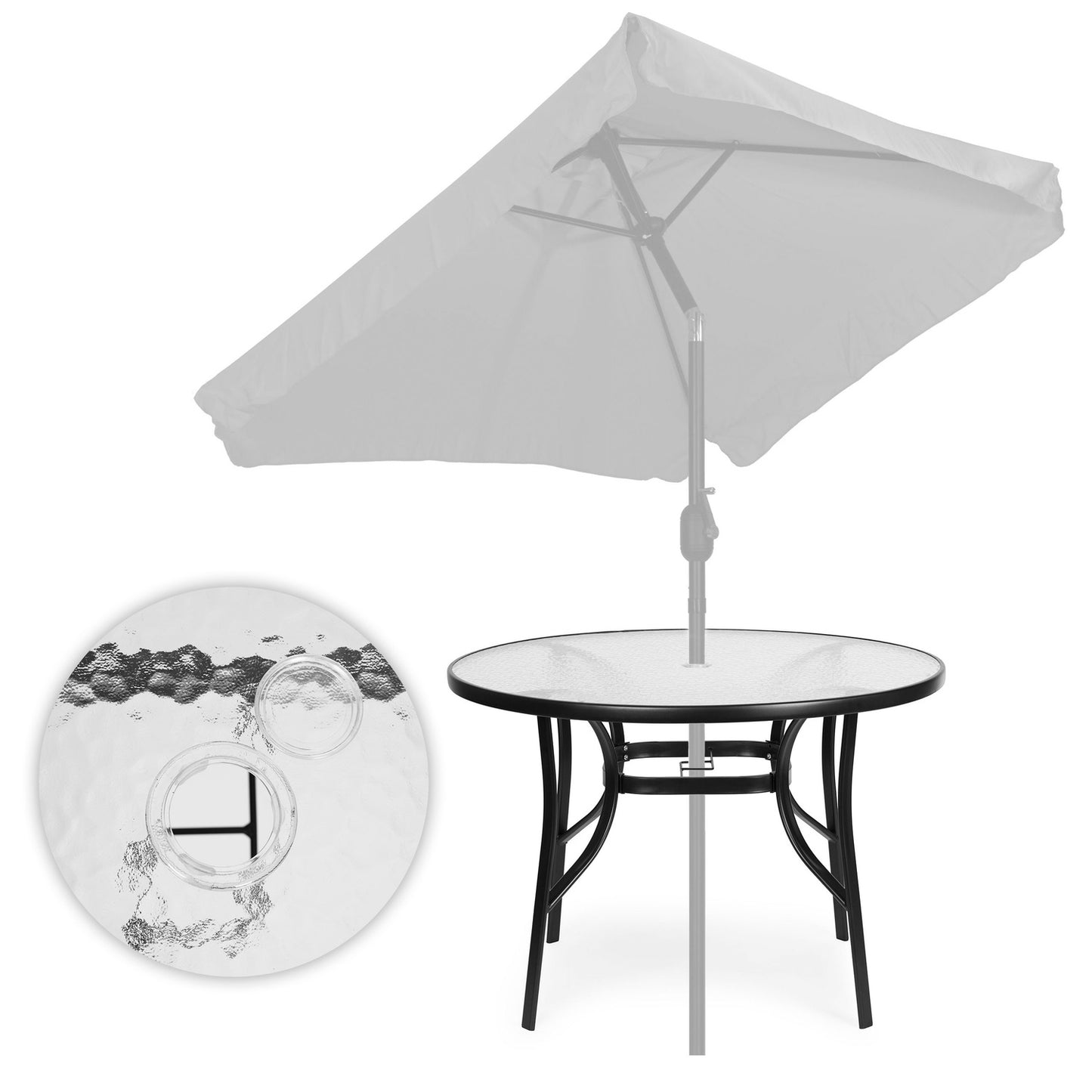 Round garden table 80 cm, for terrace, garden, balcony, tempered glass, umbrella hole, MultiGarden
