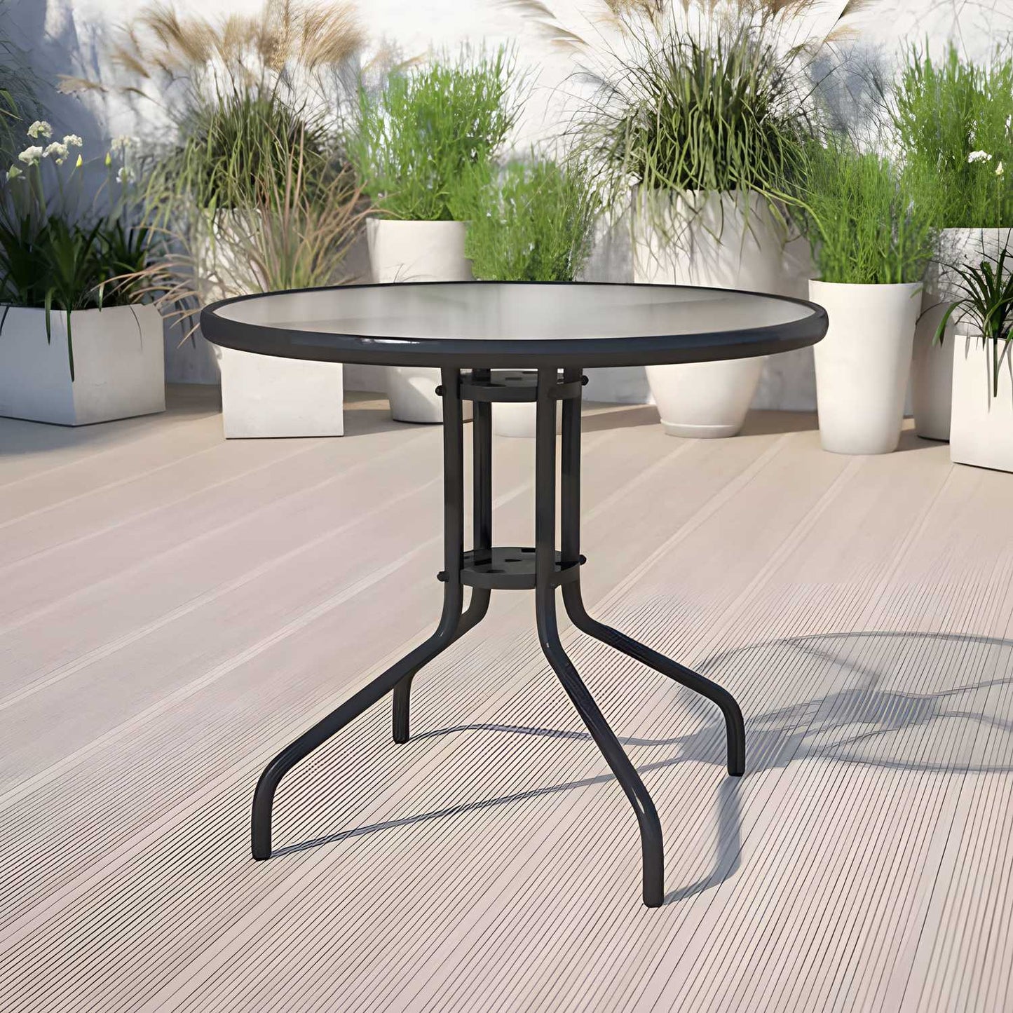 Round garden table 80 cm, for terrace, garden, balcony, tempered glass, umbrella hole, MultiGarden