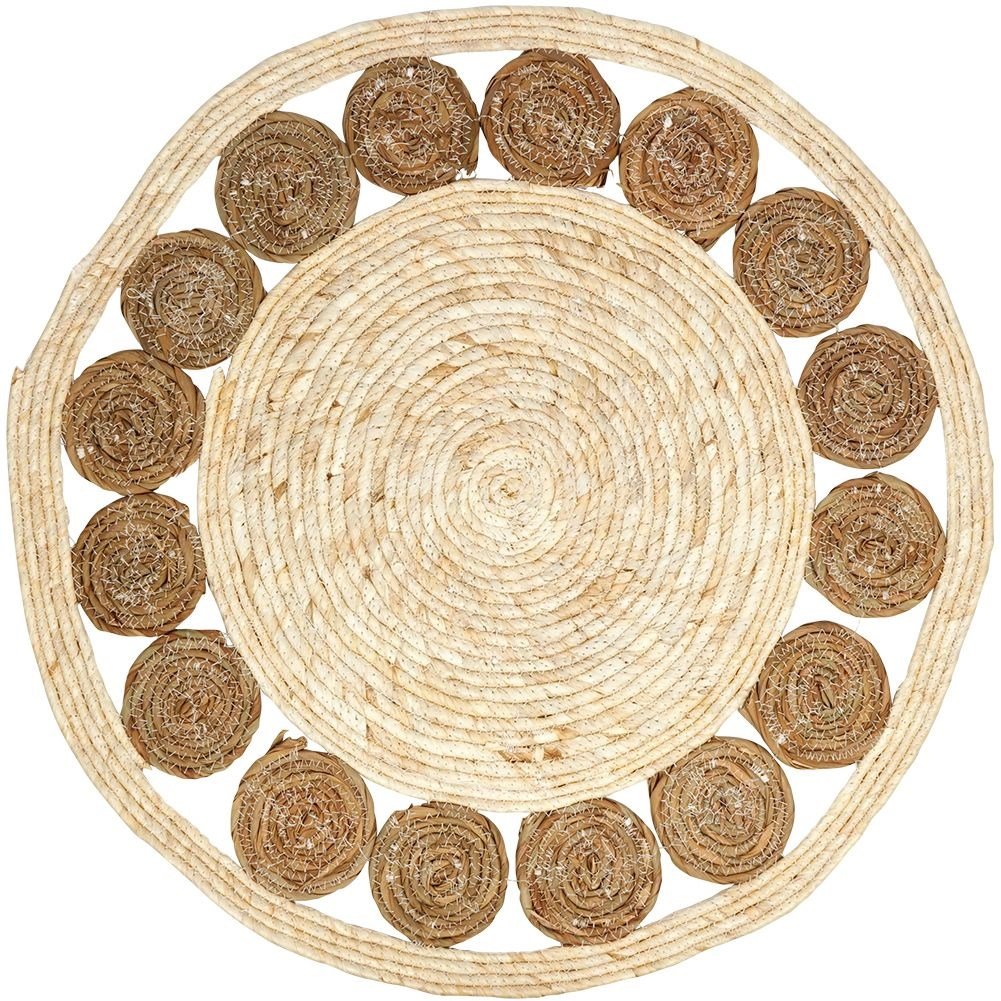 Round handmade carpet in willow leaves and rattan, 80 cm diameter