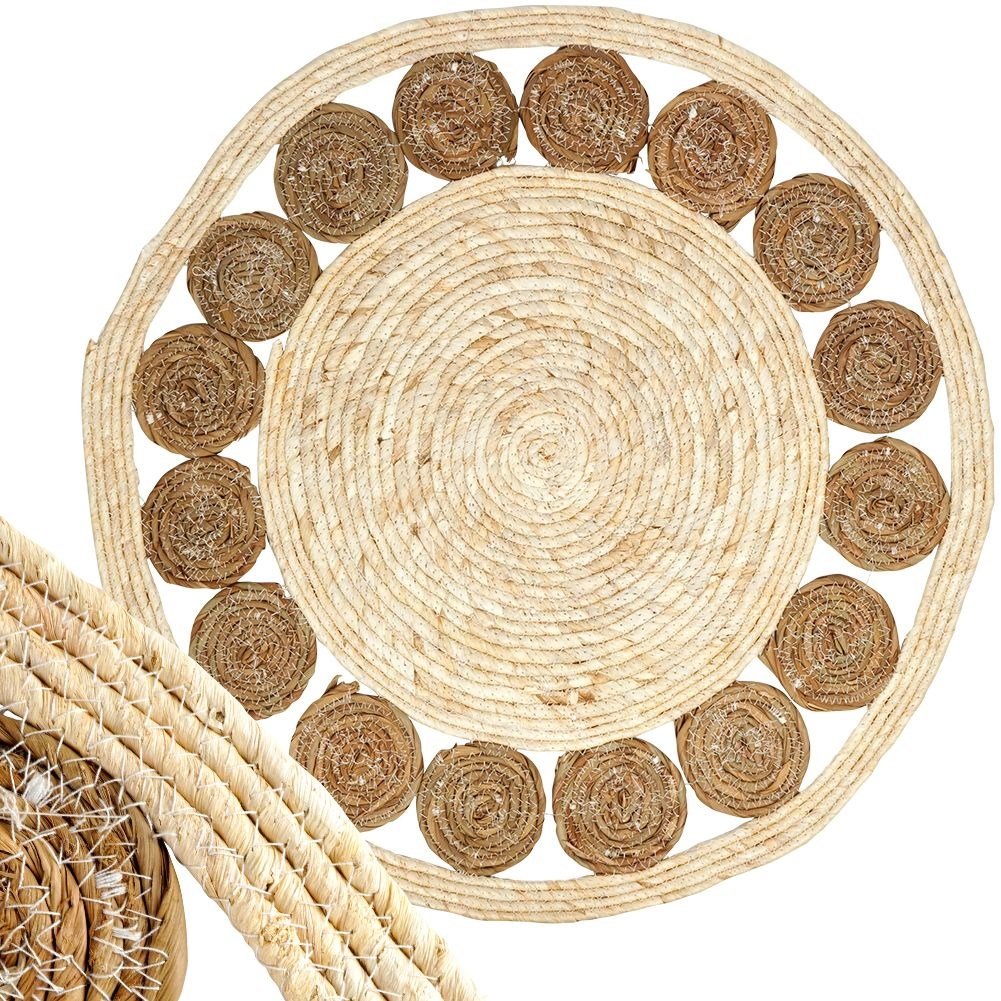 Round handmade carpet in willow leaves and rattan, 80 cm diameter