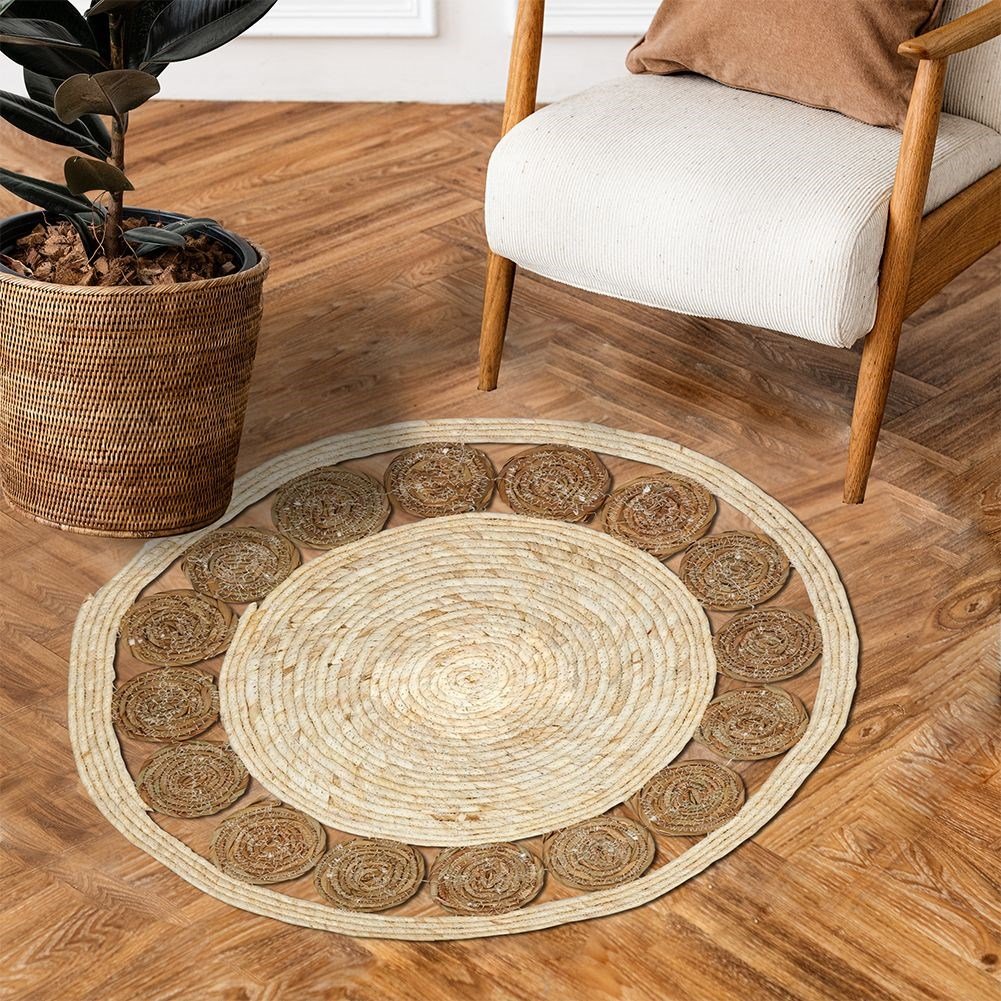 Round handmade carpet in willow leaves and rattan, 80 cm diameter