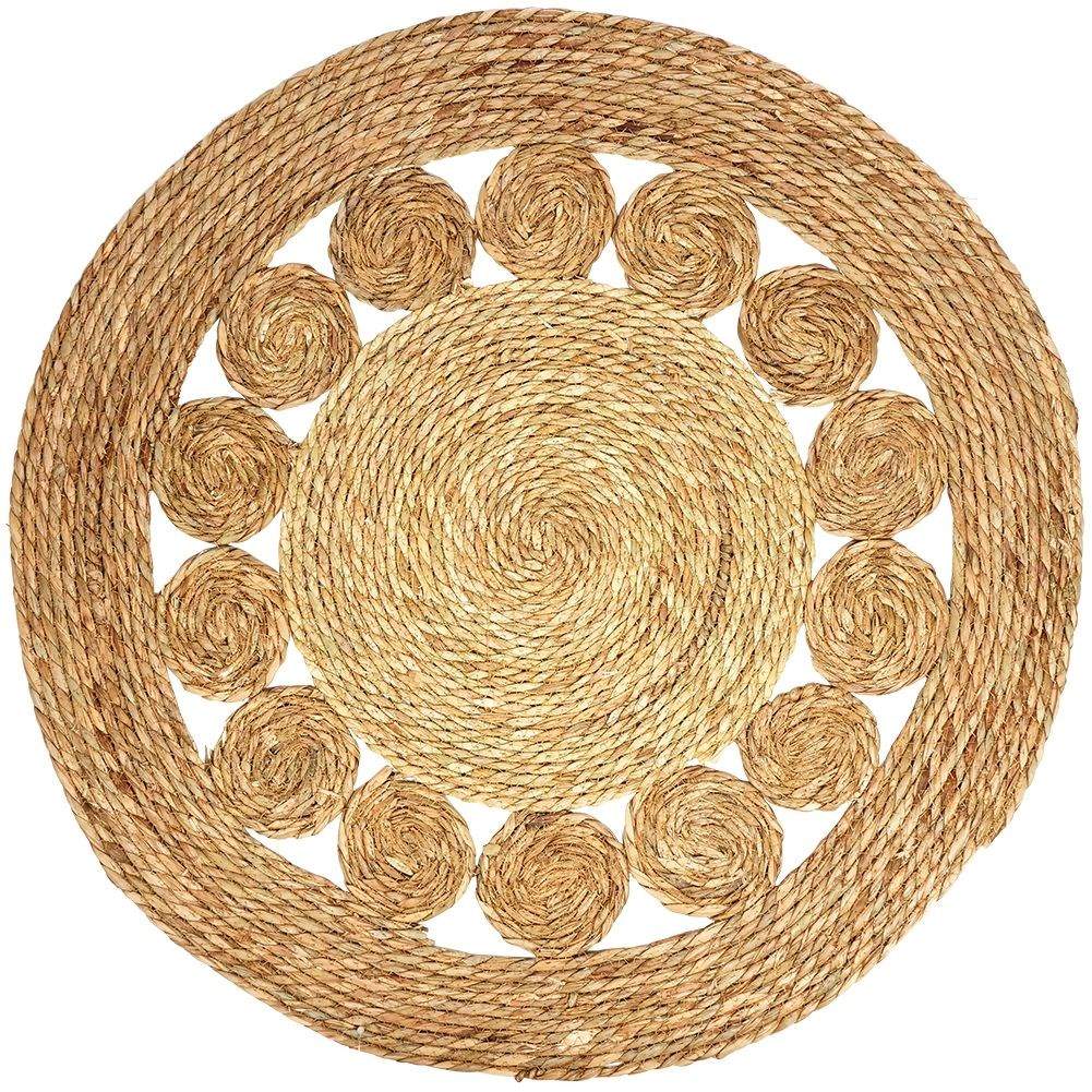 Round handmade carpet of willow leaves and rattan, 80 cm diameter