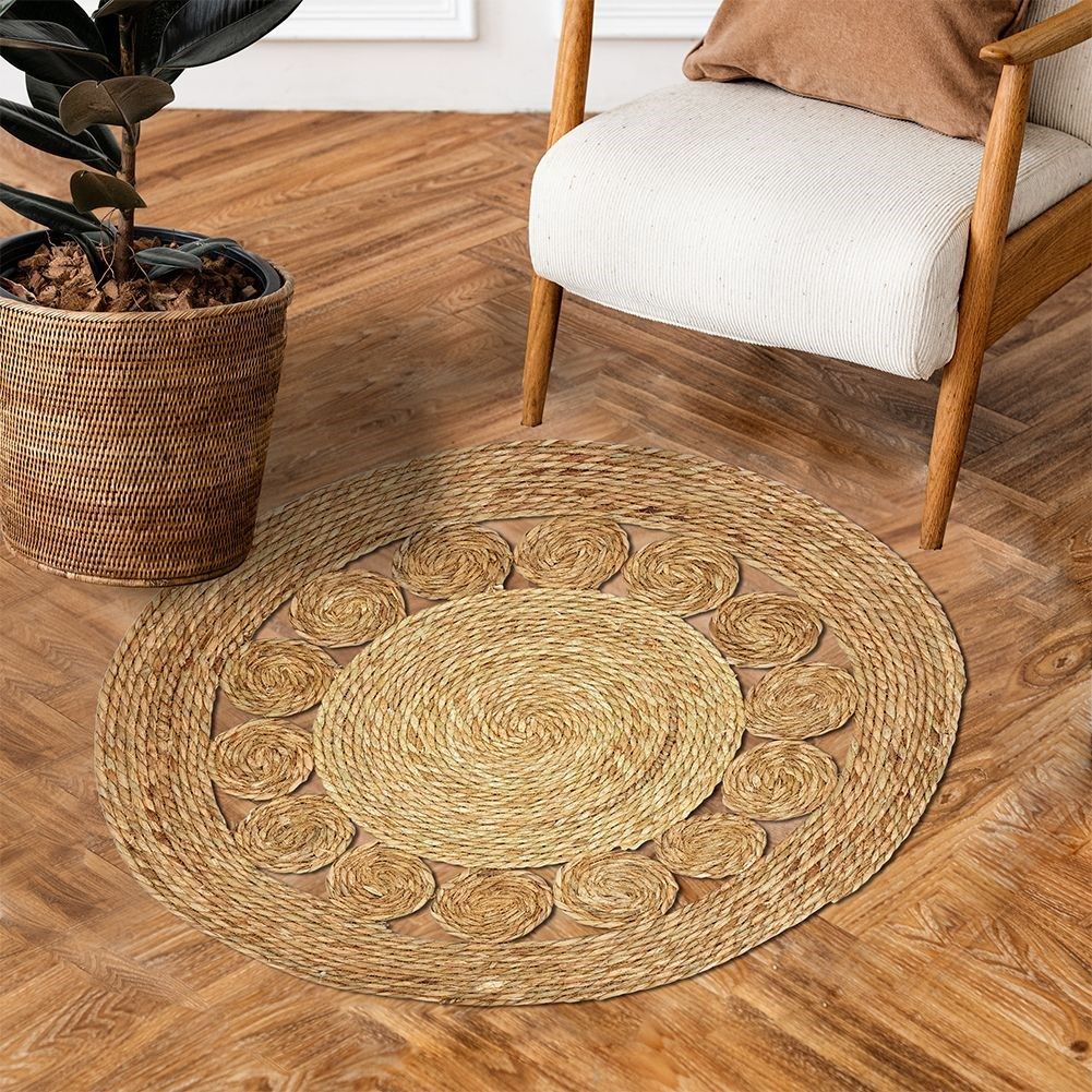 Round handmade carpet of willow leaves and rattan, 80 cm diameter