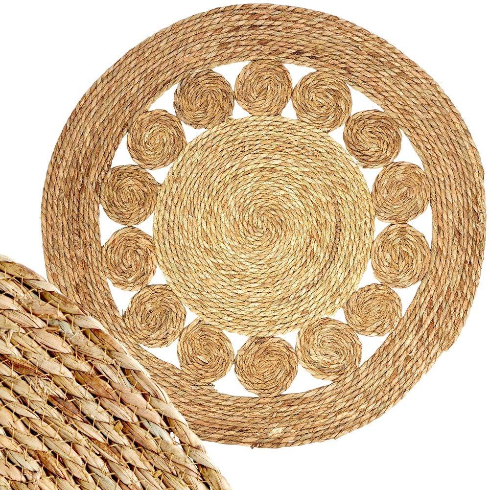 Round handmade carpet of willow leaves and rattan, 80 cm diameter