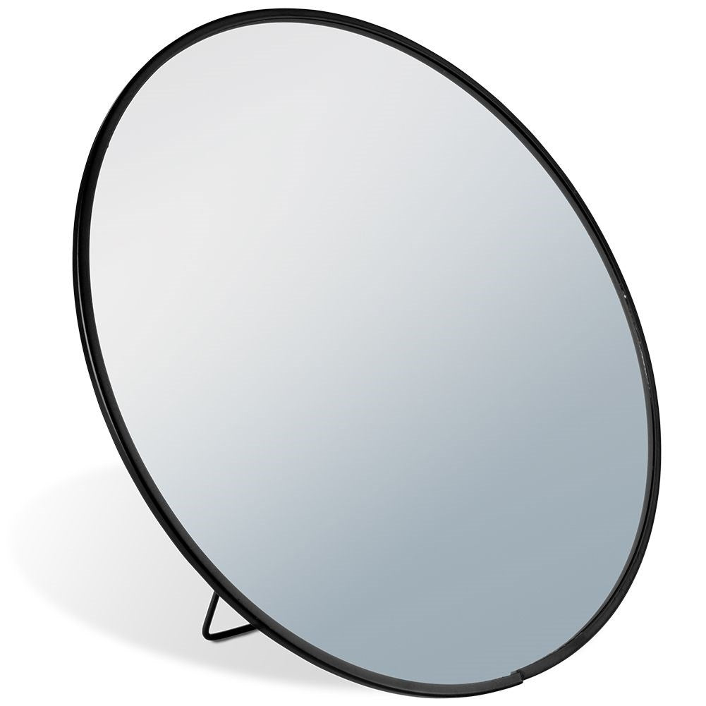 Round makeup mirror on stand, black metal, versatile use