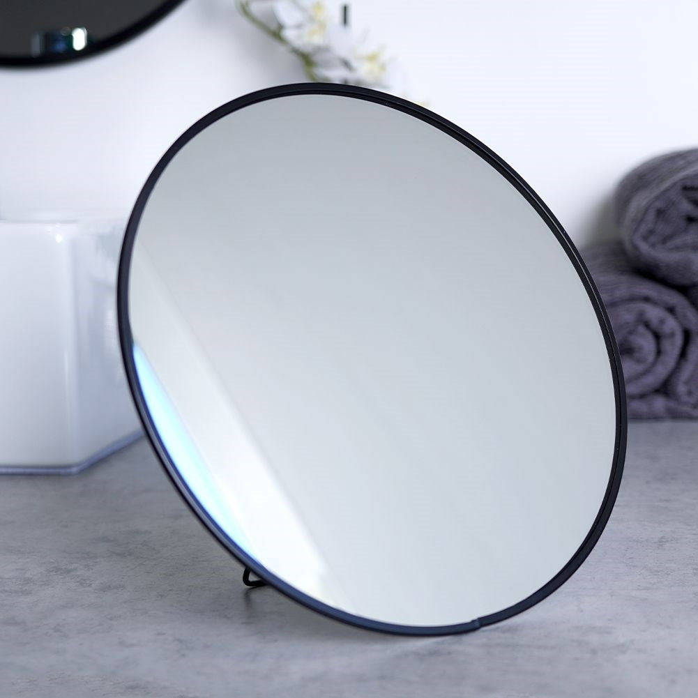 Round makeup mirror on stand, black metal, versatile use