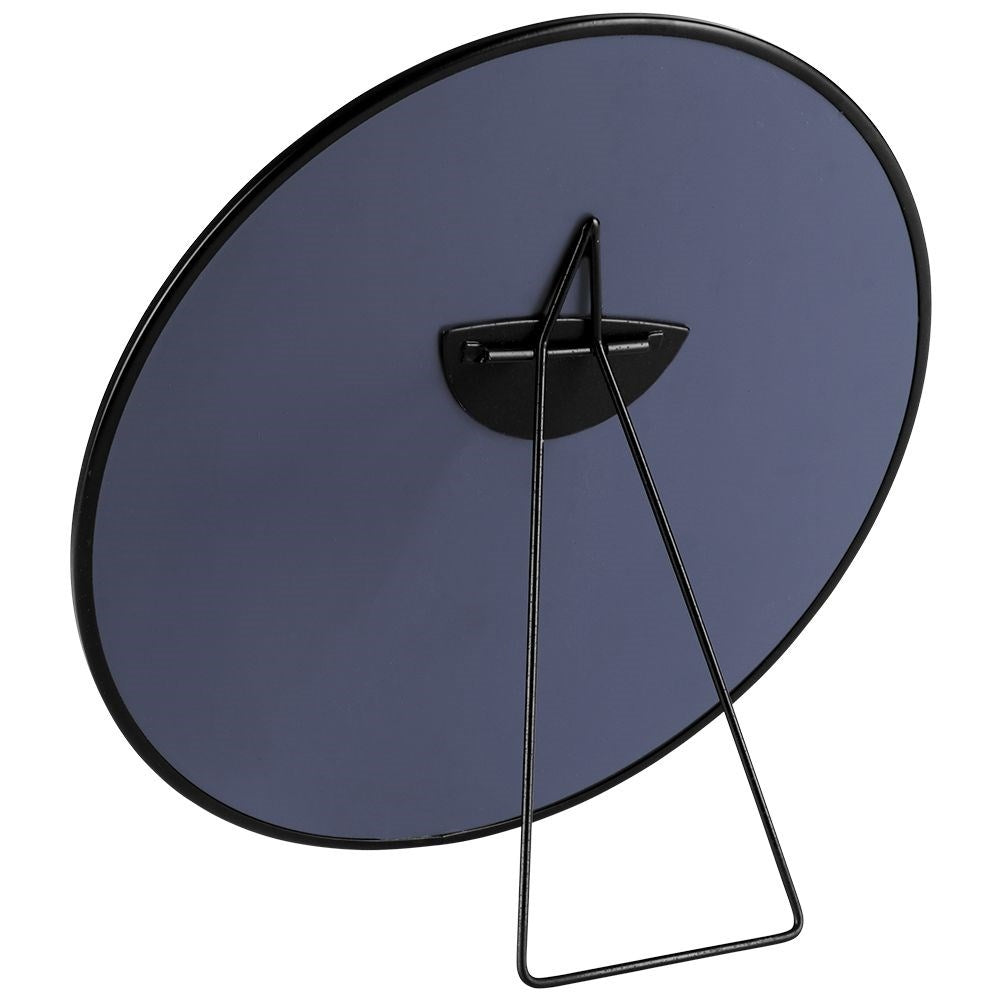 Round makeup mirror on stand, black metal, versatile use