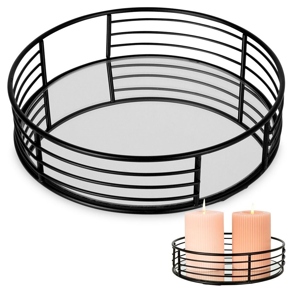 Round mirror tray 20 cm - Black metal and glass